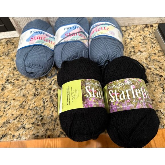 Mary Maxim Starlette Blue/Black Lot Of 5 Skeins~180/190 Yards Each - Picture 1 of 7